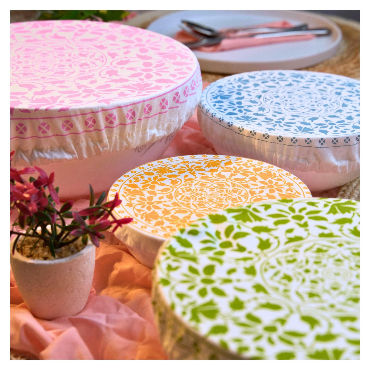 Organic Cotton Bowl Covers Set of 4 | Turkish Mandala Print, Reusable Fabric Dish Covers & Sourdough Proofing Cloths