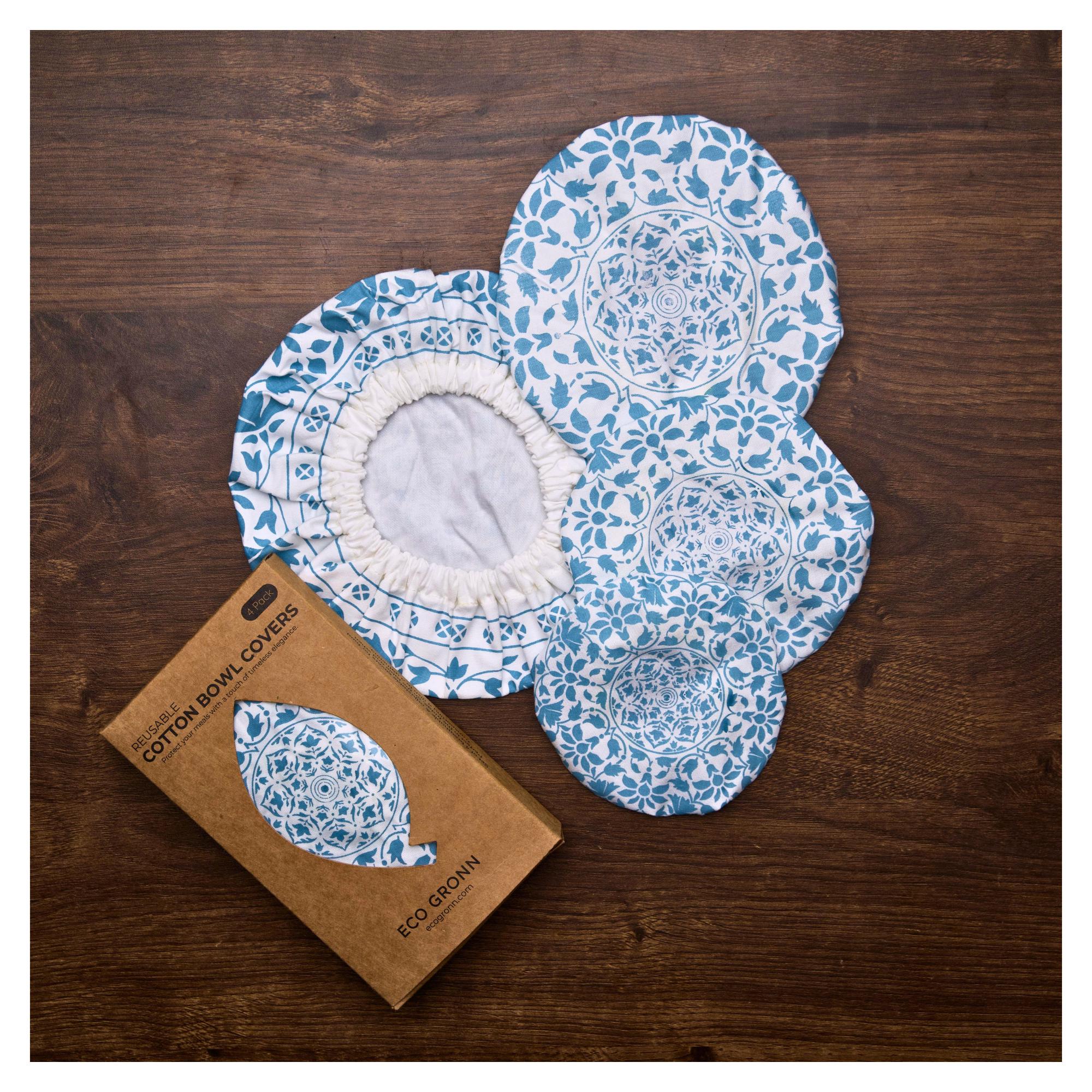 Organic Cotton Bowl Covers Set of 4 | Turkish Mandala Print, Reusable Fabric Dish Covers & Sourdough Proofing Cloths