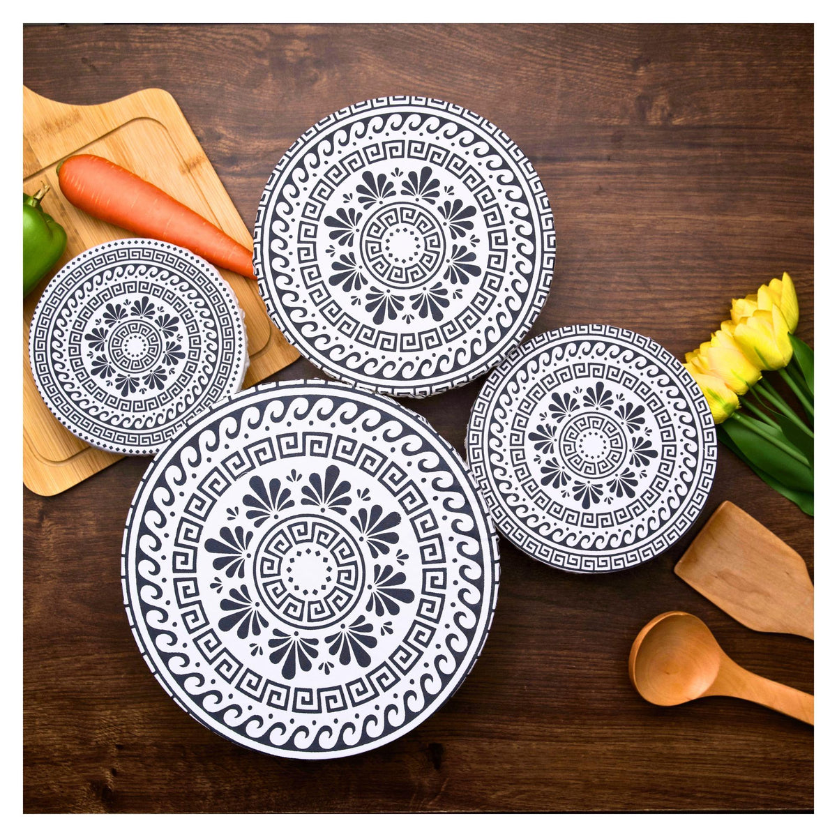 Organic Cotton Bowl Covers Set of 4 | Classic Greek Mandala Print, Reusable Fabric Dish Covers & Bread Rising Cloths