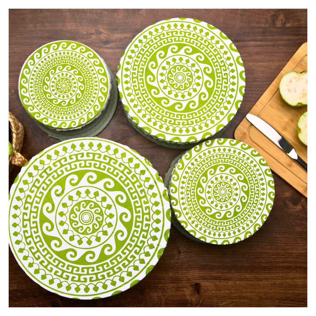 Organic Cotton Bowl Covers Set of 4 | Greek Mandala Print, Reusable Fabric Dish Covers & Sourdough Proofing Cloths