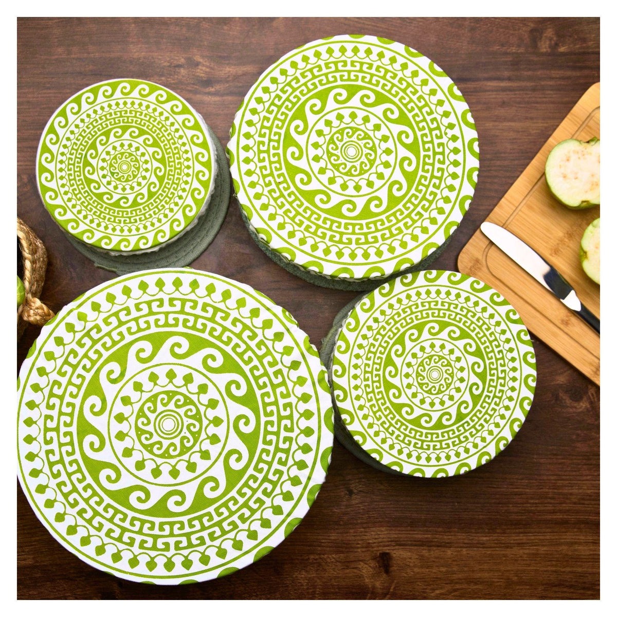 Organic Cotton Bowl Covers Set of 4 | Greek Mandala Print, Reusable Fabric Dish Covers & Sourdough Proofing Cloths