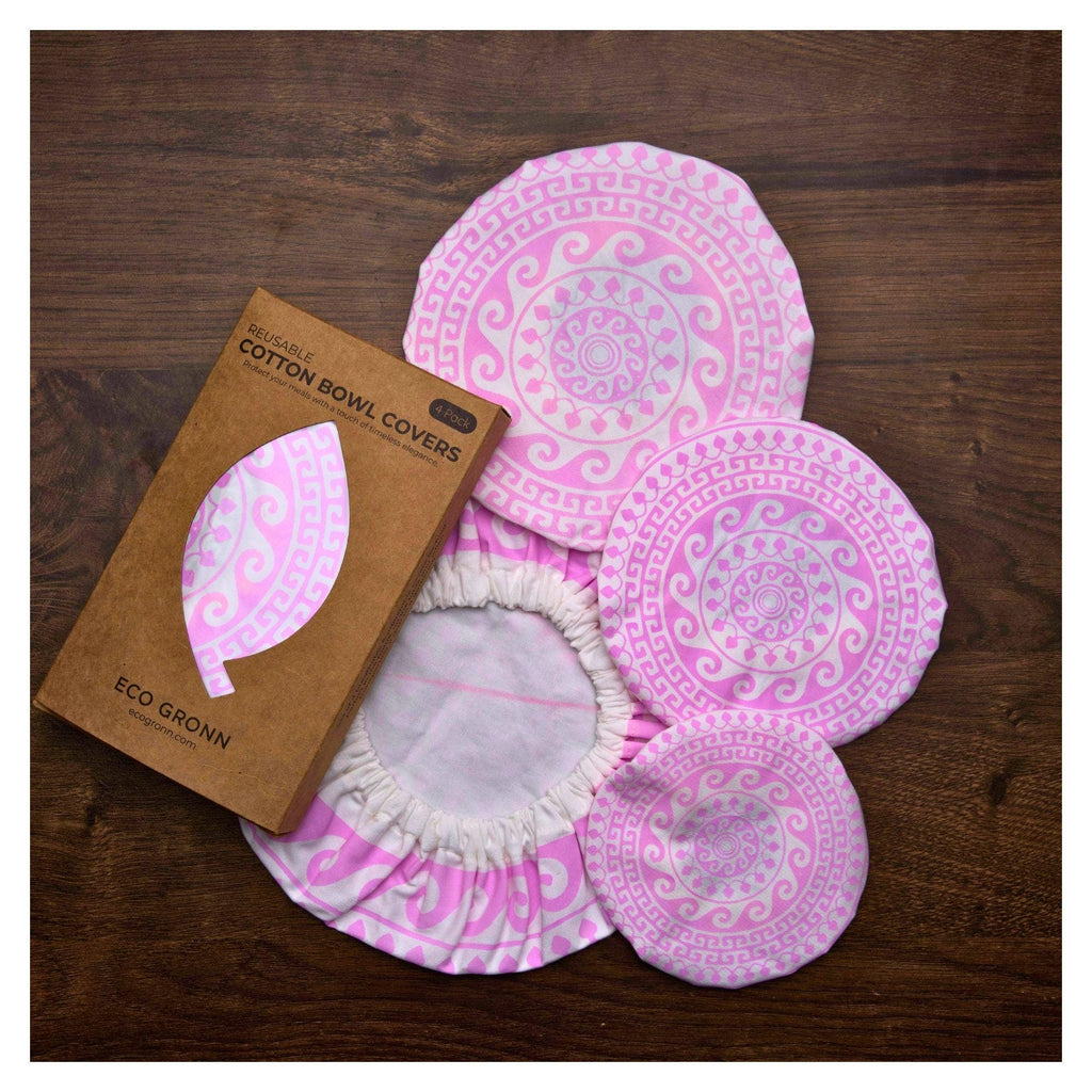 Organic Cotton Bowl Covers Set of 4 | Greek Mandala Print, Reusable Fabric Dish Covers & Sourdough Proofing Cloths