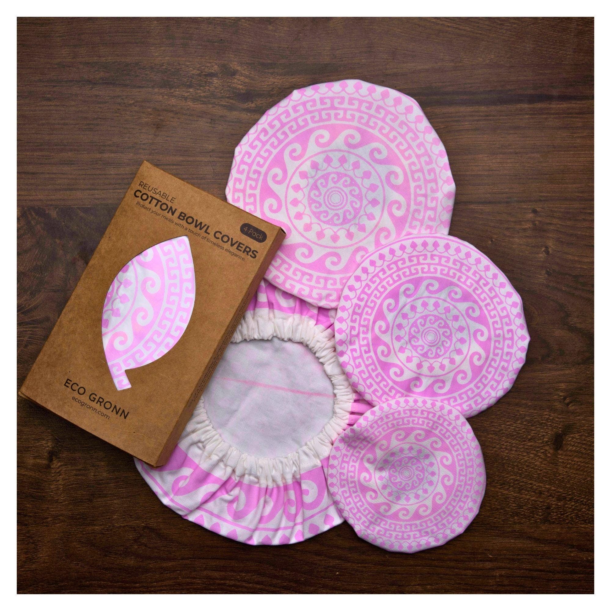 Organic Cotton Bowl Covers Set of 4 | Greek Mandala Print, Reusable Fabric Dish Covers & Sourdough Proofing Cloths