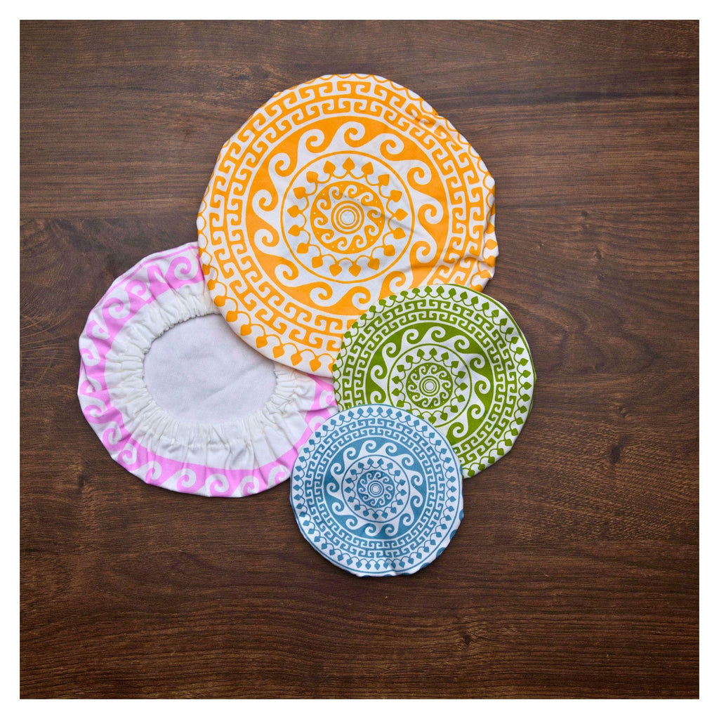 Organic Cotton Bowl Covers Set of 4 | Greek Mandala Print, Reusable Fabric Dish Covers & Sourdough Proofing Cloths