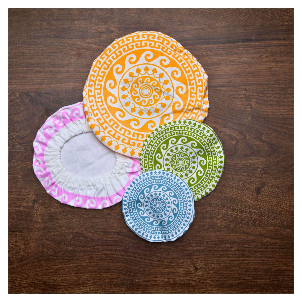 Organic Cotton Bowl Covers Set of 4 | Greek Mandala Print, Reusable Fabric Dish Covers & Sourdough Proofing Cloths