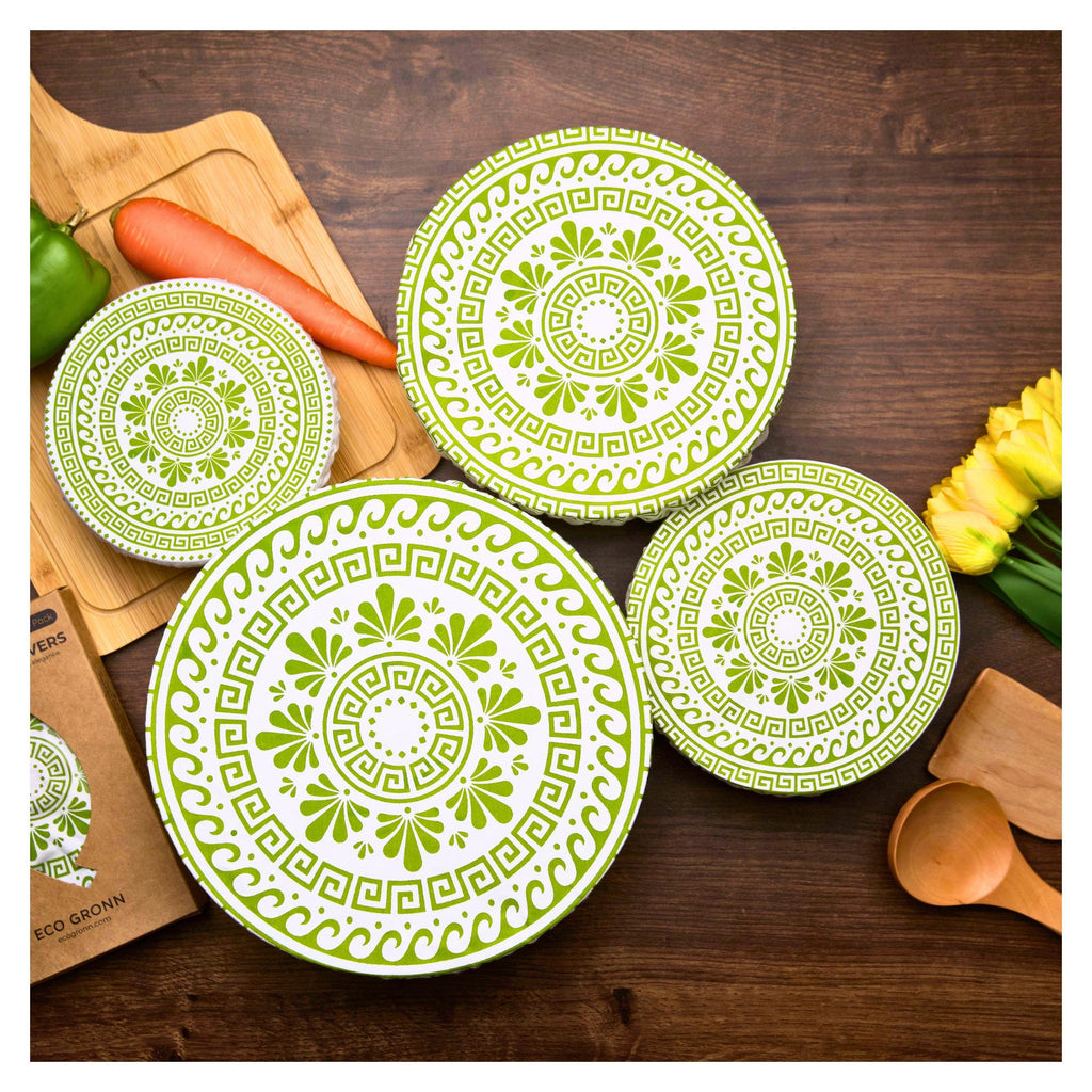 Organic Cotton Bowl Covers Set of 4 | Classic Greek Mandala Print, Reusable Fabric Dish Covers & Bread Rising Cloths