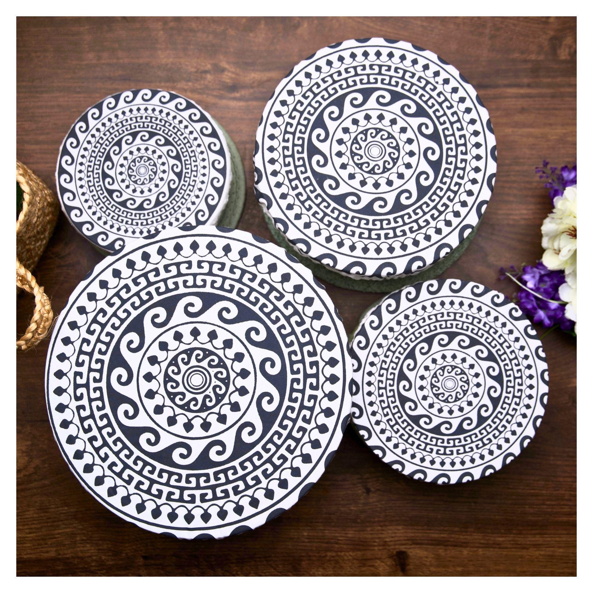 Organic Cotton Bowl Covers Set of 4 | Greek Mandala Print, Reusable Fabric Dish Covers & Sourdough Proofing Cloths