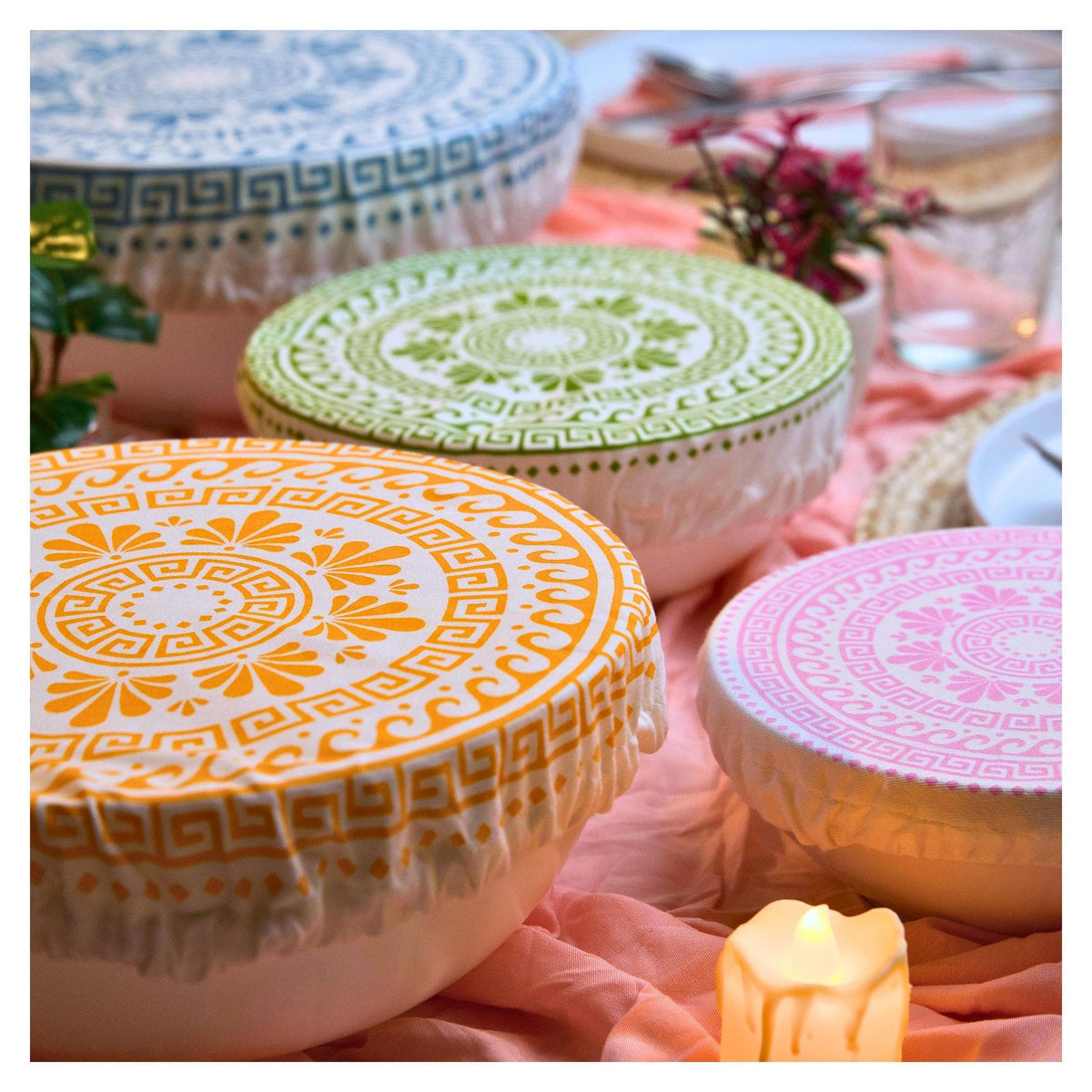 Organic Cotton Bowl Covers Set of 4 | Classic Greek Mandala Print, Reusable Fabric Dish Covers & Bread Rising Cloths