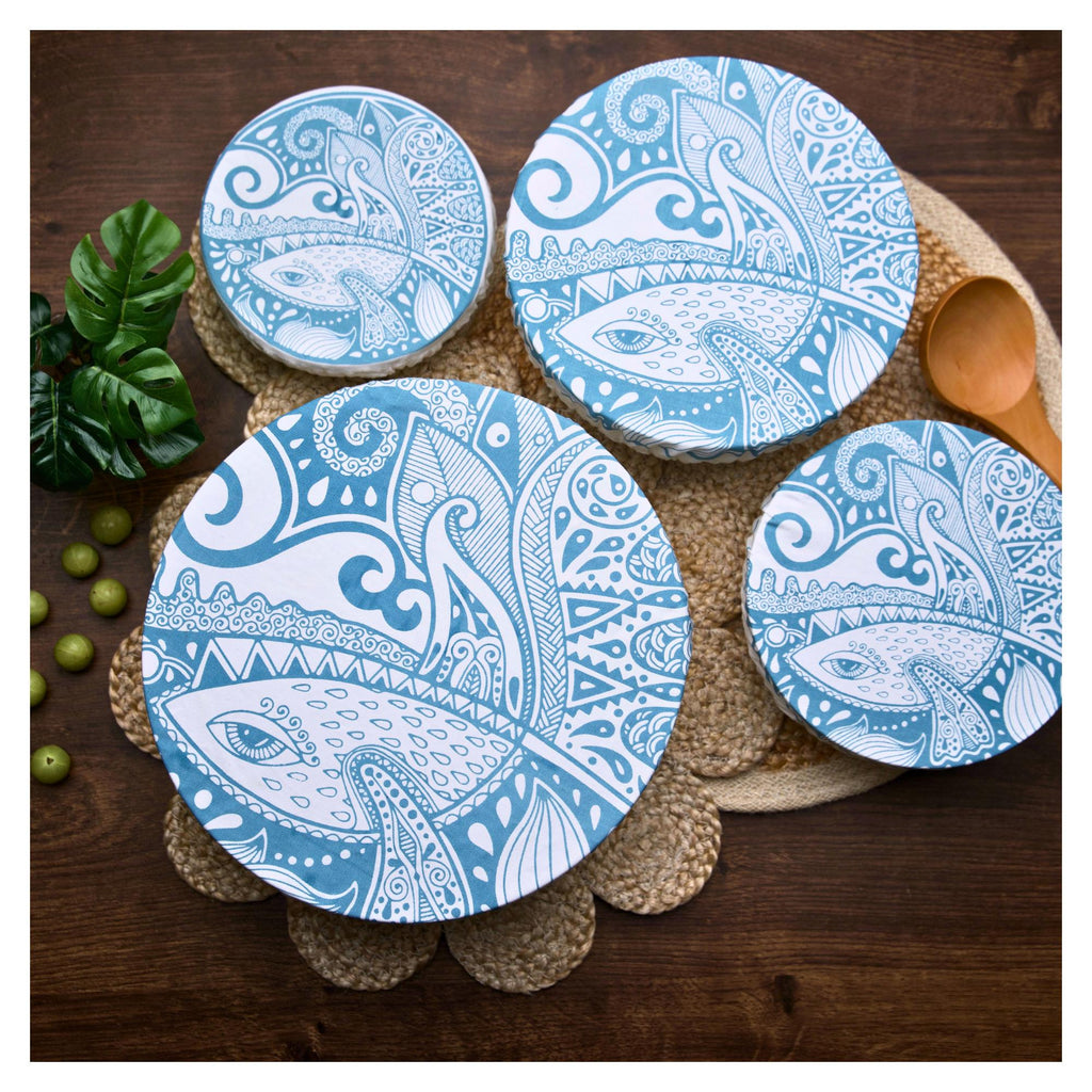 Organic Cotton Bowl Covers Set of 4 | Natural Touch Mandala Print, Reusable Fabric Dish Covers & Sourdough Proofing Cloths
