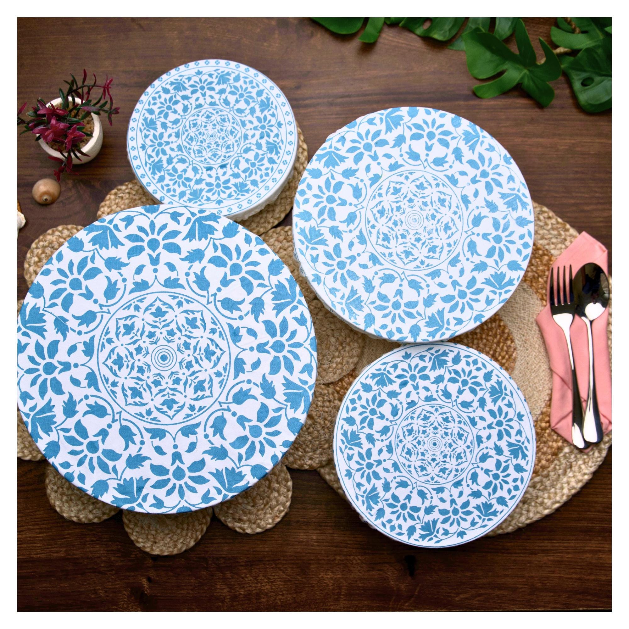 Organic Cotton Bowl Covers Set of 4 | Turkish Mandala Print, Reusable Fabric Dish Covers & Sourdough Proofing Cloths
