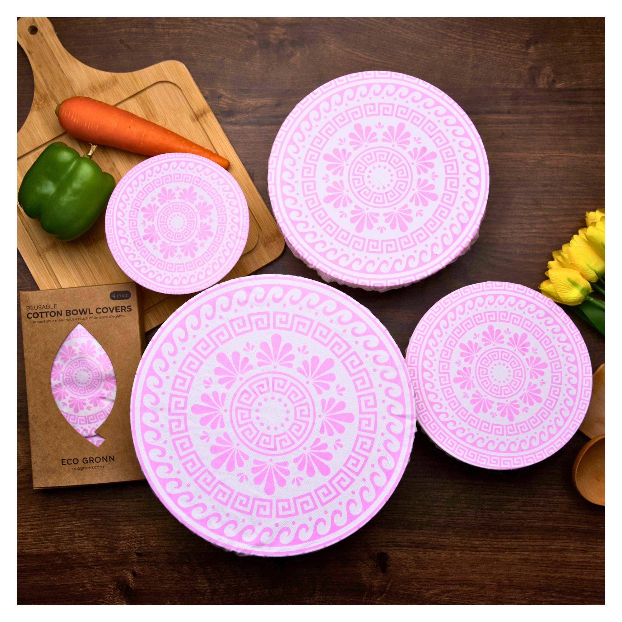 Organic Cotton Bowl Covers Set of 4 | Classic Greek Mandala Print, Reusable Fabric Dish Covers & Bread Rising Cloths