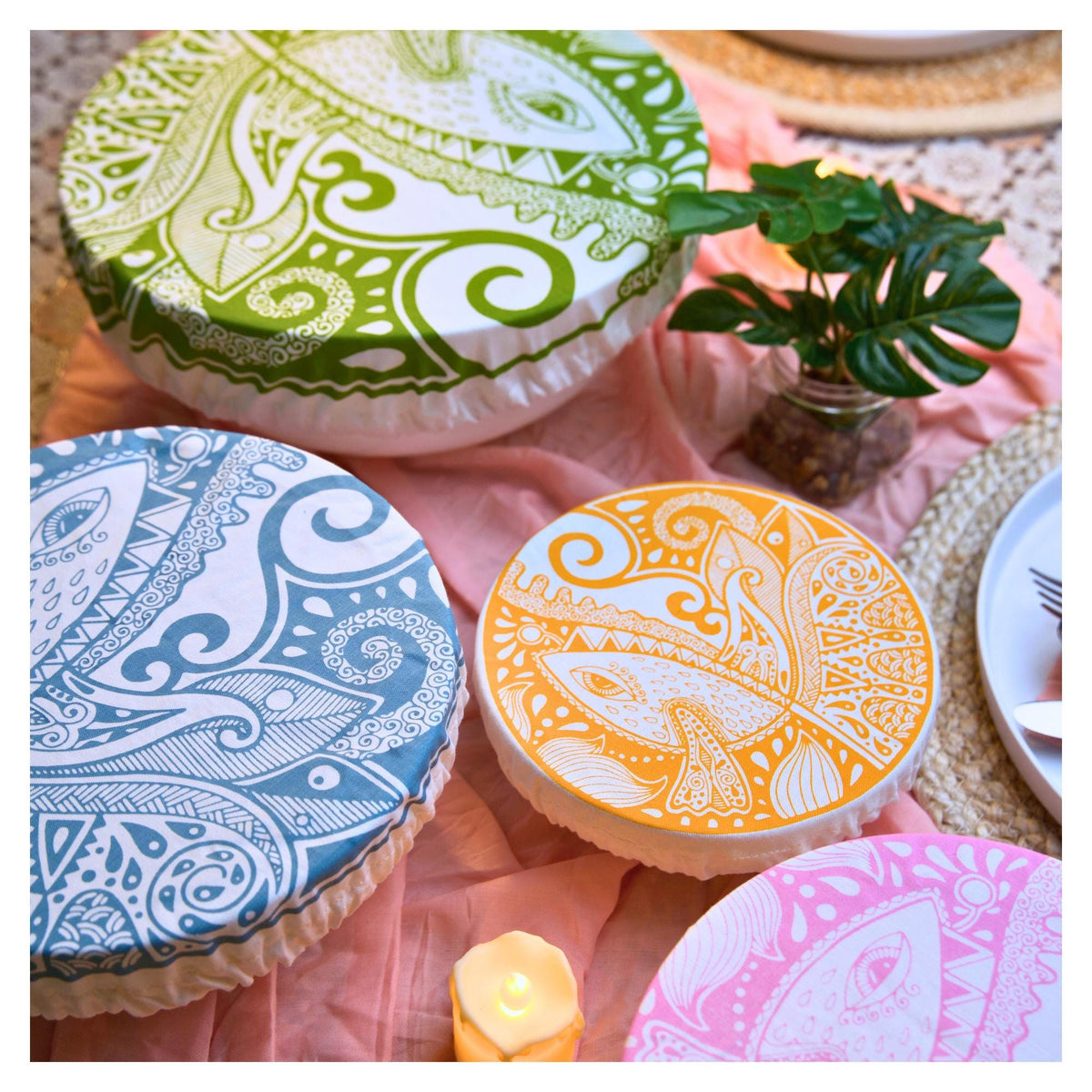 Organic Cotton Bowl Covers Set of 4 | Natural Touch Mandala Print, Reusable Fabric Dish Covers & Sourdough Proofing Cloths