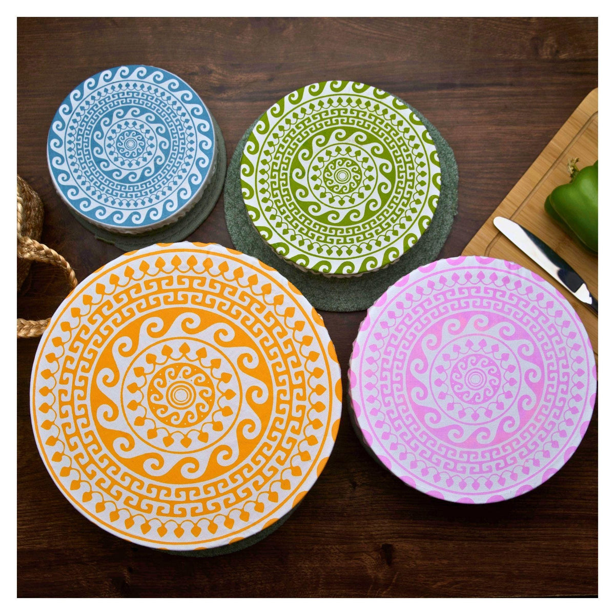Organic Cotton Bowl Covers Set of 4 | Greek Mandala Print, Reusable Fabric Dish Covers & Sourdough Proofing Cloths