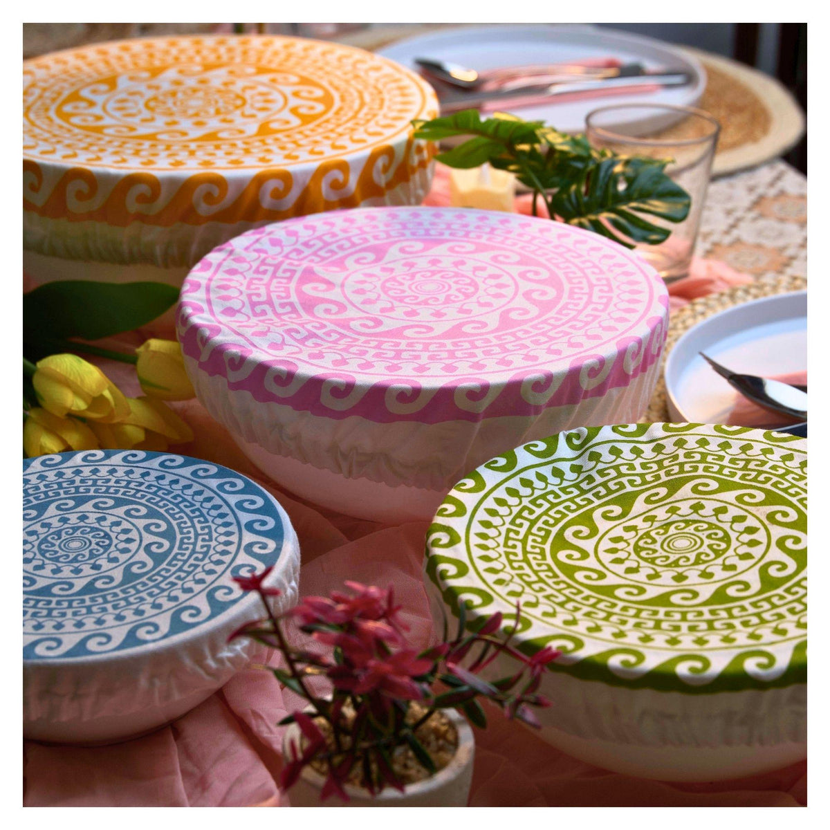 Organic Cotton Bowl Covers Set of 4 | Greek Mandala Print, Reusable Fabric Dish Covers & Sourdough Proofing Cloths