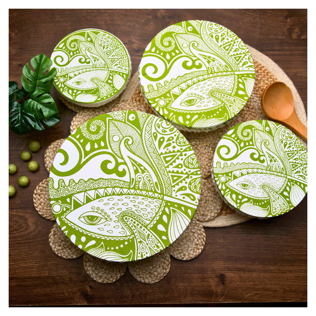Organic Cotton Bowl Covers Set of 4 | Natural Touch Mandala Print, Reusable Fabric Dish Covers & Sourdough Proofing Cloths