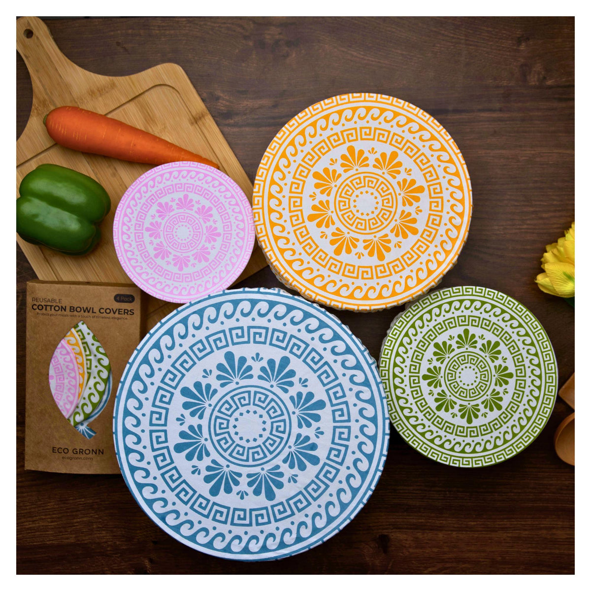Organic Cotton Bowl Covers Set of 4 | Classic Greek Mandala Print, Reusable Fabric Dish Covers & Bread Rising Cloths