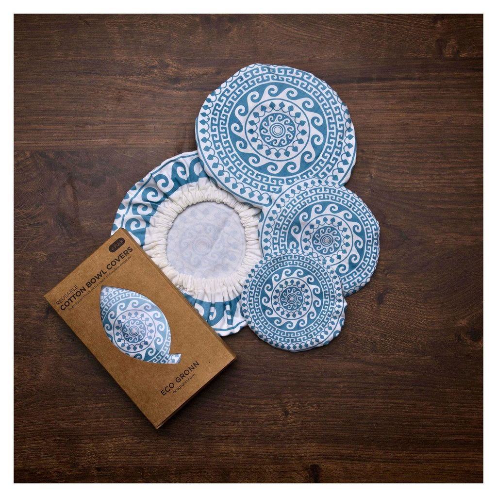Organic Cotton Bowl Covers Set of 4 | Greek Mandala Print, Reusable Fabric Dish Covers & Sourdough Proofing Cloths