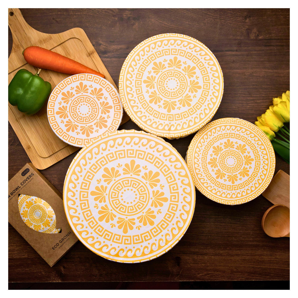 Organic Cotton Bowl Covers Set of 4 | Classic Greek Mandala Print, Reusable Fabric Dish Covers & Bread Rising Cloths
