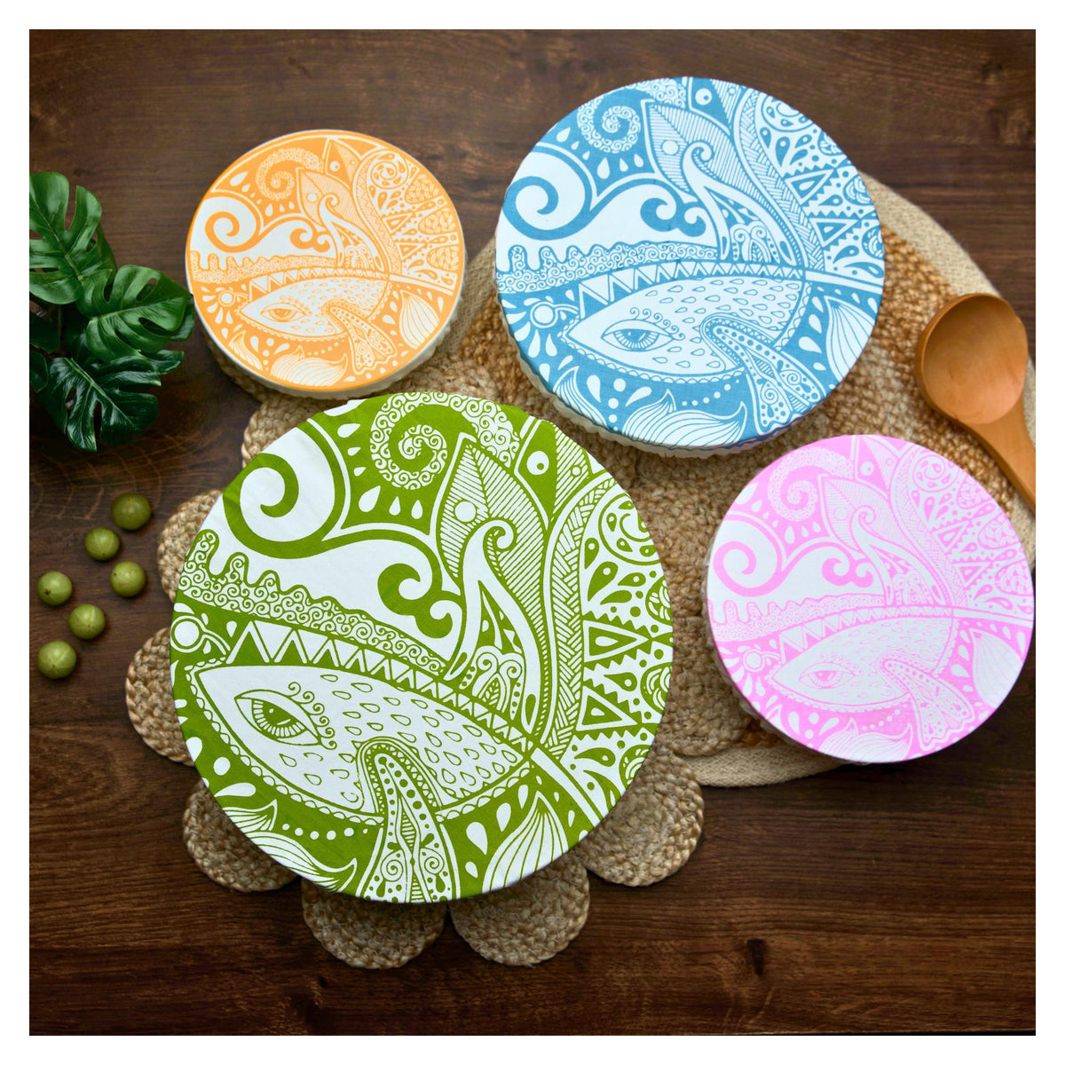 Organic Cotton Bowl Covers Set of 4 | Natural Touch Mandala Print, Reusable Fabric Dish Covers & Sourdough Proofing Cloths