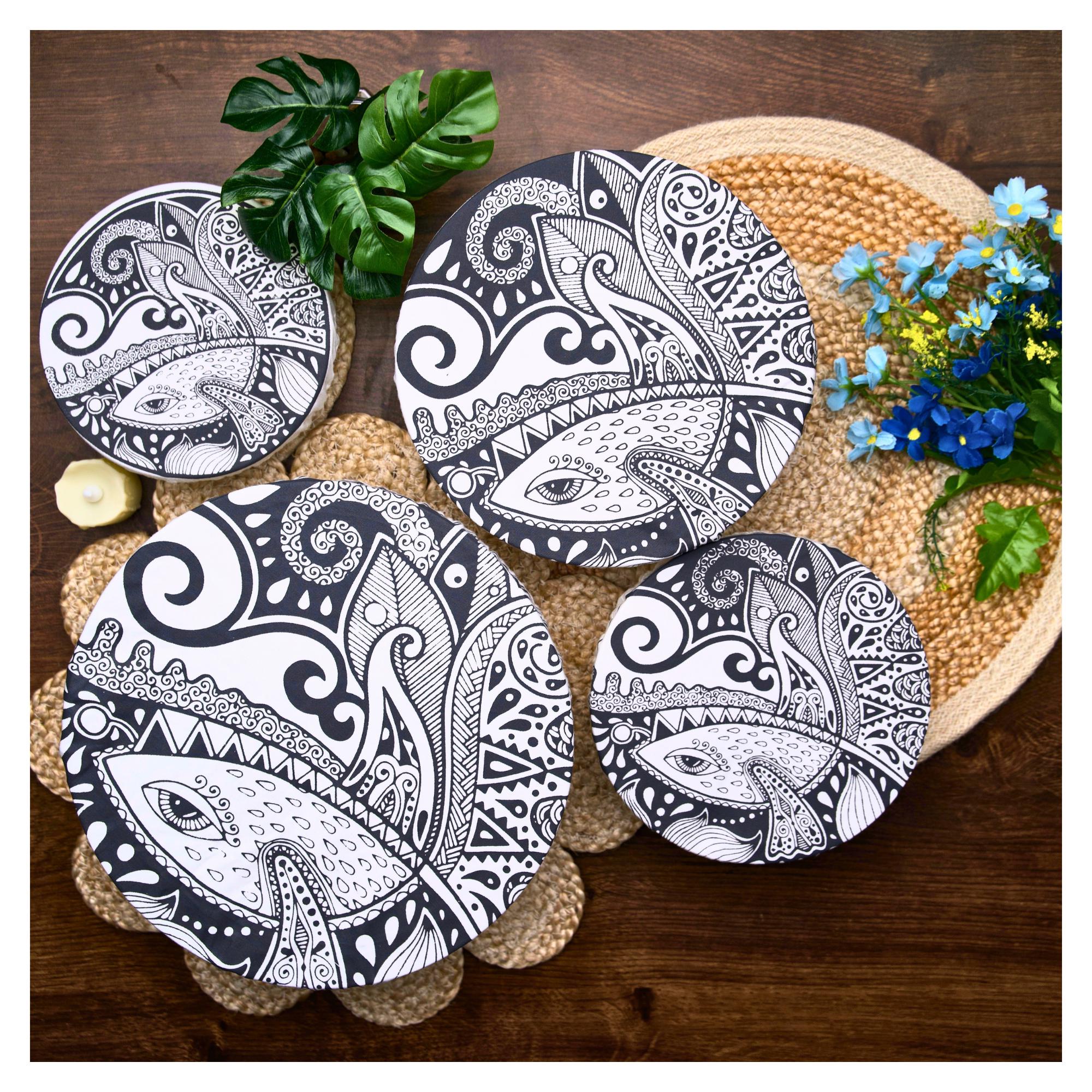 Organic Cotton Bowl Covers Set of 4 | Natural Touch Mandala Print, Reusable Fabric Dish Covers & Sourdough Proofing Cloths