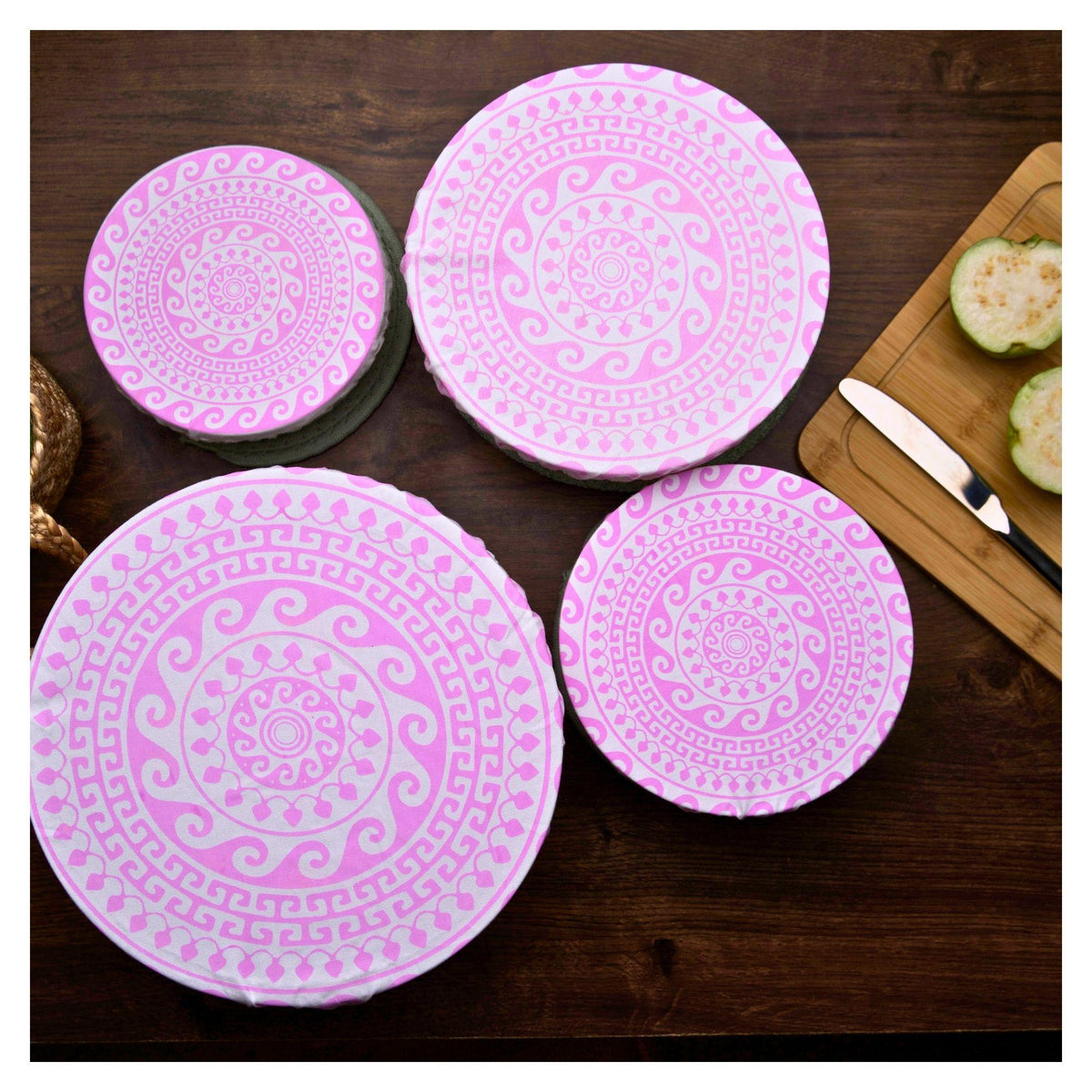 Organic Cotton Bowl Covers Set of 4 | Greek Mandala Print, Reusable Fabric Dish Covers & Sourdough Proofing Cloths