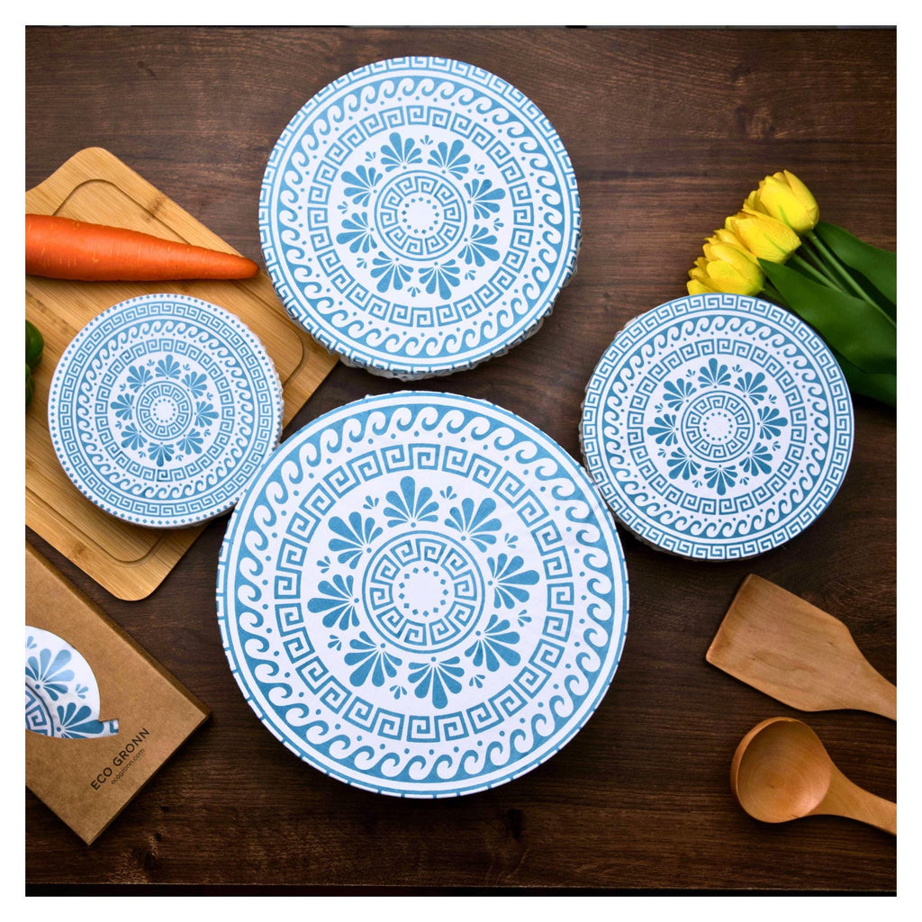 Organic Cotton Bowl Covers Set of 4 | Classic Greek Mandala Print, Reusable Fabric Dish Covers & Bread Rising Cloths