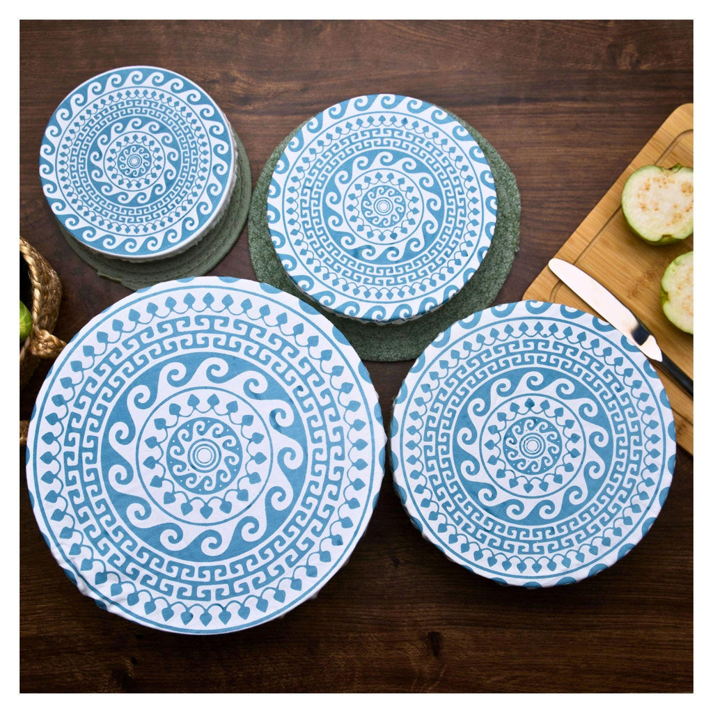 Organic Cotton Bowl Covers Set of 4 | Greek Mandala Print, Reusable Fabric Dish Covers & Sourdough Proofing Cloths