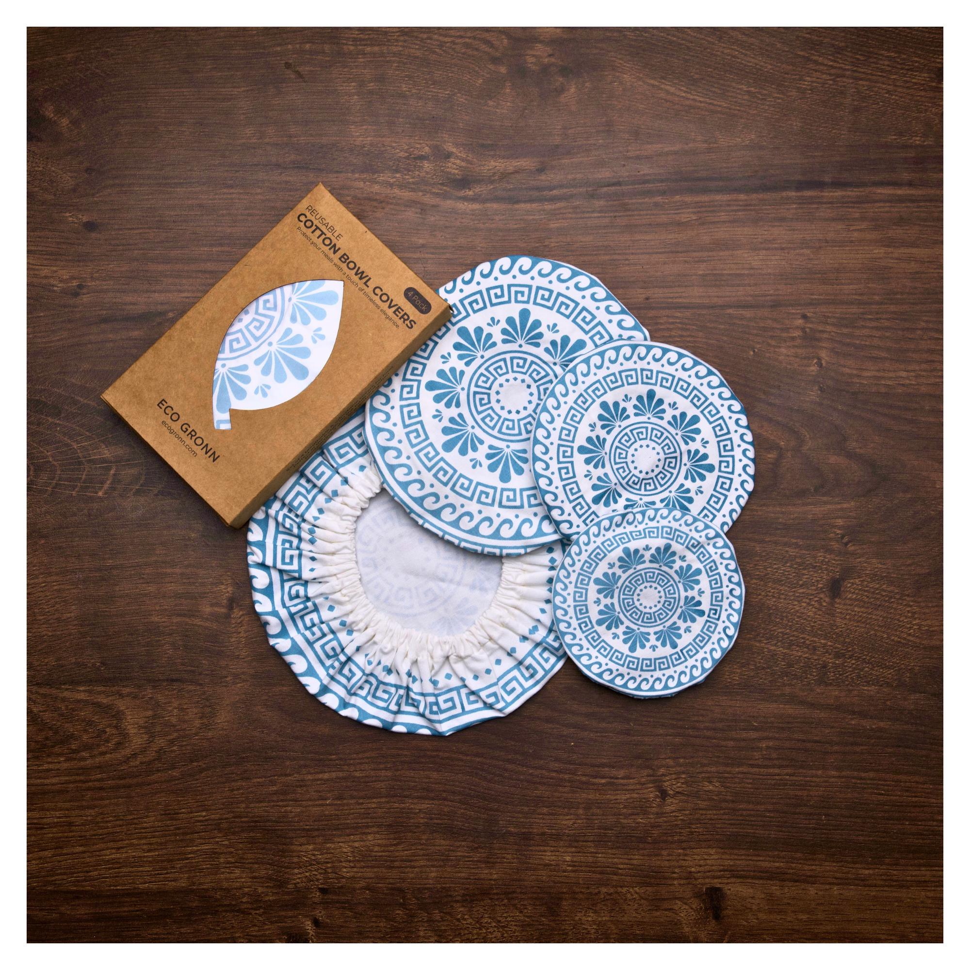 Organic Cotton Bowl Covers Set of 4 | Classic Greek Mandala Print, Reusable Fabric Dish Covers & Bread Rising Cloths